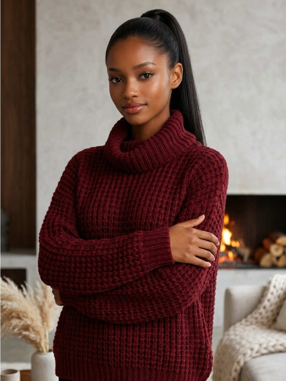 Plenty by Tracy Reese Burgundy Chunky Wool Y2K 3/4 Sleeves Turtleneck Sweater-L
